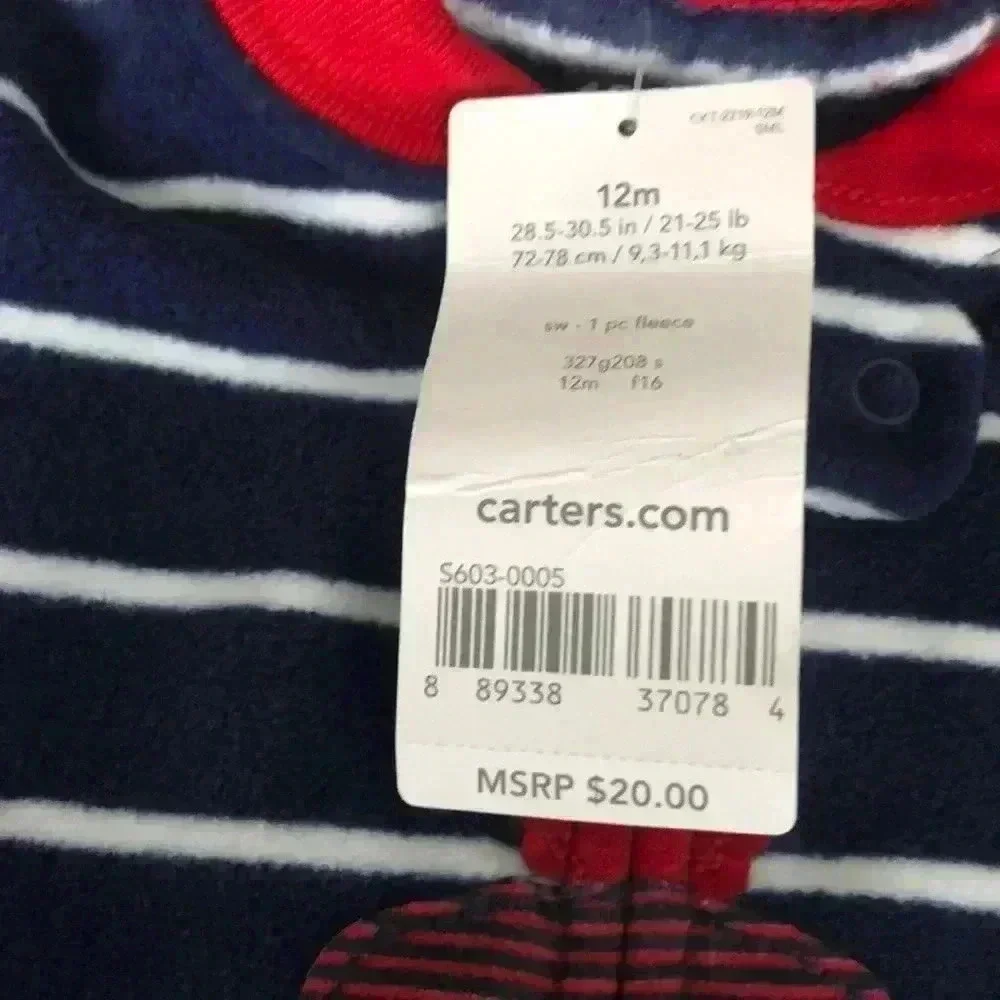 🆕 Carter's Boy's Bulldog Print Footed Fleece Sleepwear Pajamas Navy Stripe🆕